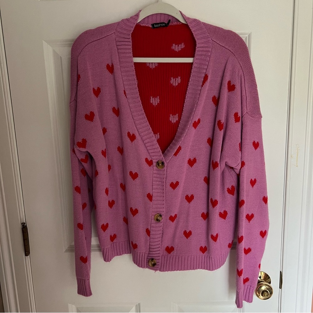 Boohoo Pink and Red Heart Cardigan Sweater